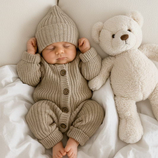 Pure Joy Buttoned Baby Suit & Beanie | Biscuit