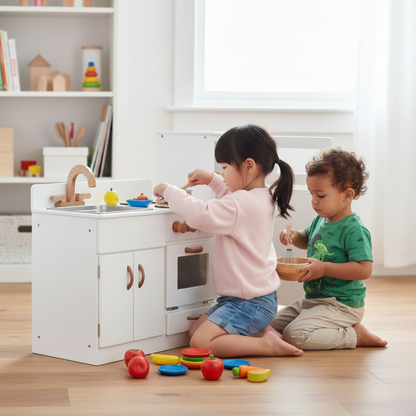 Classic White Wooden Play Kitchen & Refrigerator Set