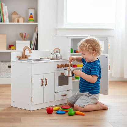 Classic White Wooden Play Kitchen & Refrigerator Set