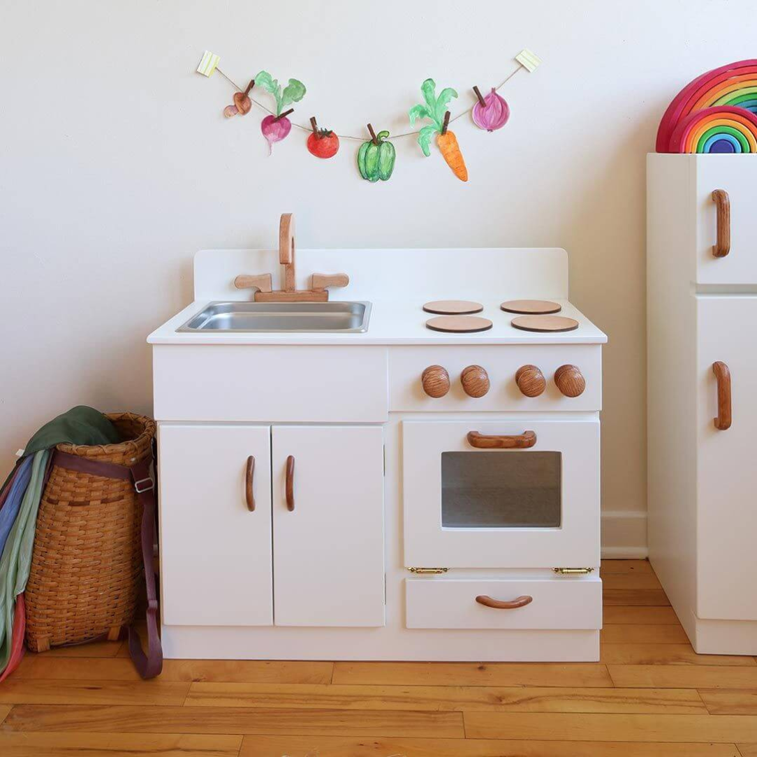 Classic White Wooden Play Kitchen & Refrigerator Set