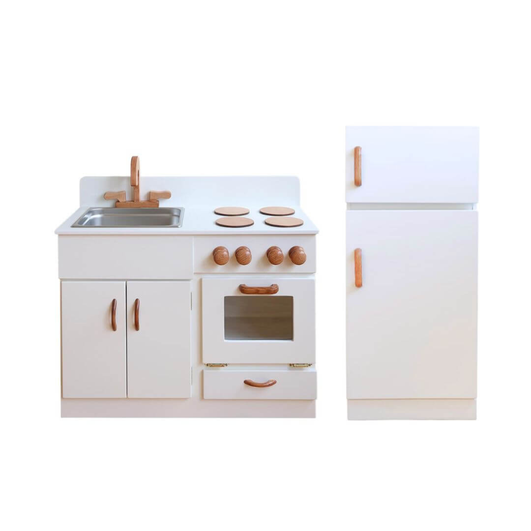 Classic White Wooden Play Kitchen & Refrigerator Set