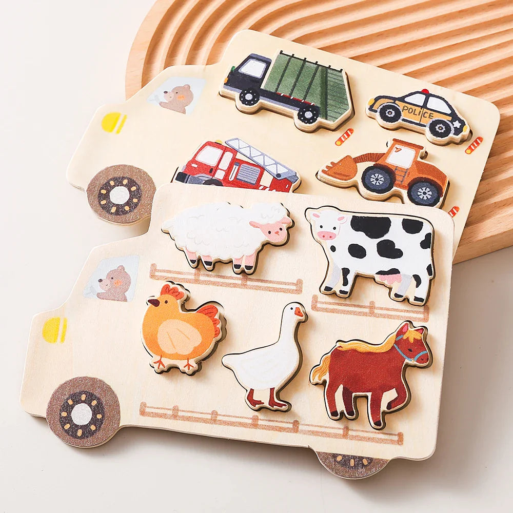 Montessori Wooden Puzzle Board – Animals or Vehicles