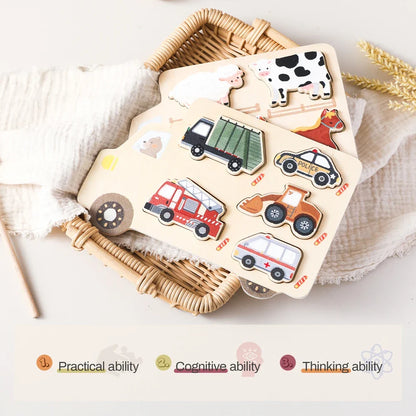 Montessori Wooden Puzzle Board – Animals or Vehicles